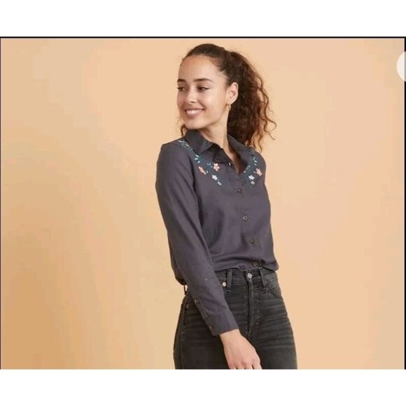 Marine Layer Tops - Marine Layer Aria LS Relaxed Embroidered Shirt faded black sz medium button down